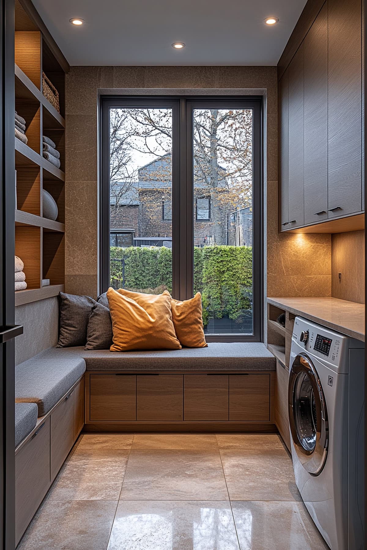 Sleek mudroom laundry room featuring monochromatic design and hidden appliances.