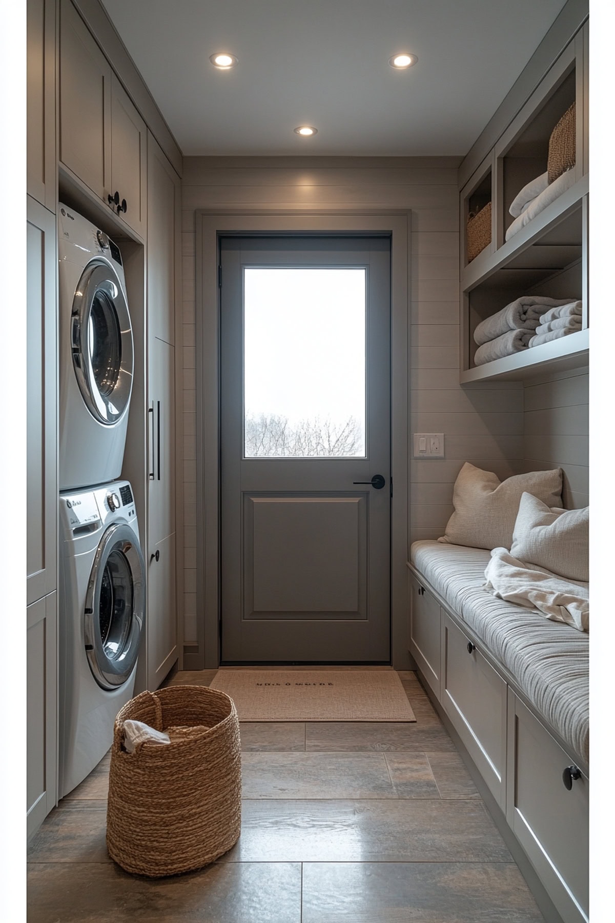 Minimalist mudroom with clean lines and concealed storage.