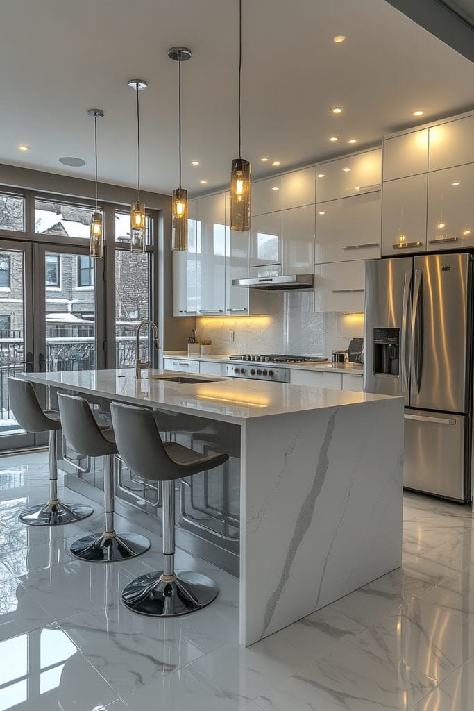 25 Stunning White and Grey Apartment Looks That Wow - Textured Grey And White Kitchen In Modern Apartment