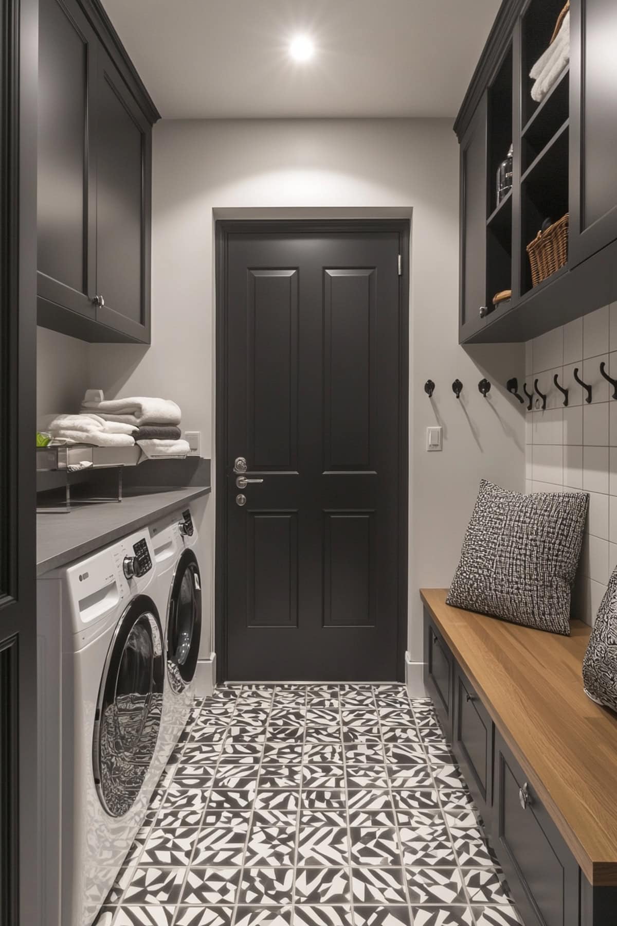 Modern mudroom laundry room featuring geometric tiles and minimalist design.