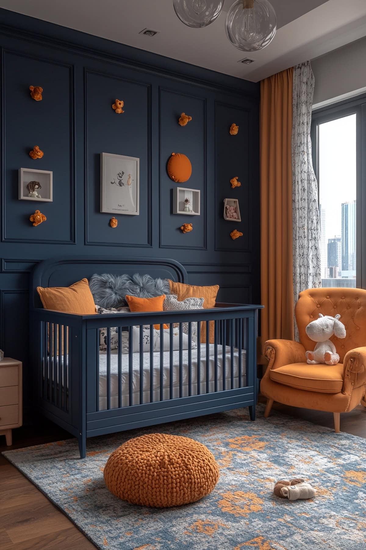 Playful Dark Blue Nursery with Vibrant Orange Decor 01