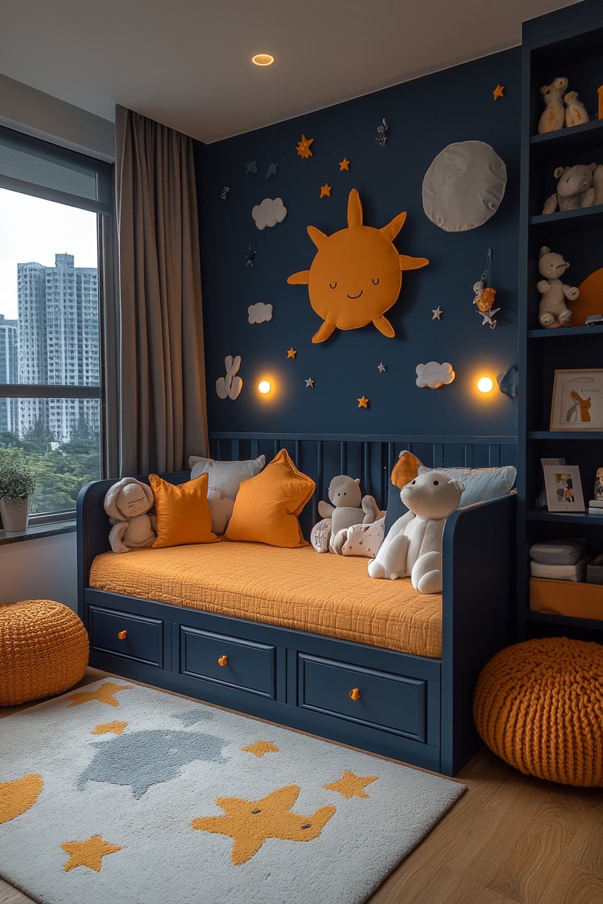 Playful Dark Blue Nursery with Vibrant Orange Decor 02