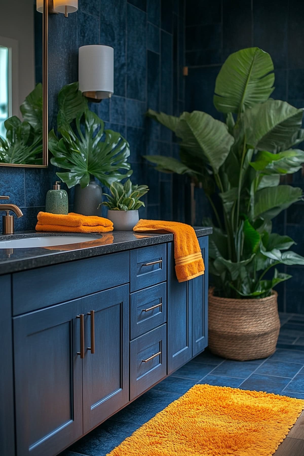 Refreshing Dark Blue and Orange Bathroom with Greenery 02