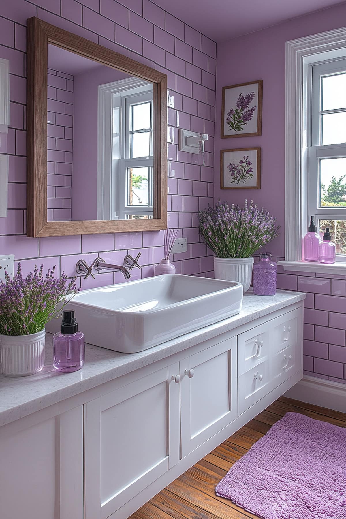 A bright bathroom with pale lavender walls and stylish accessories