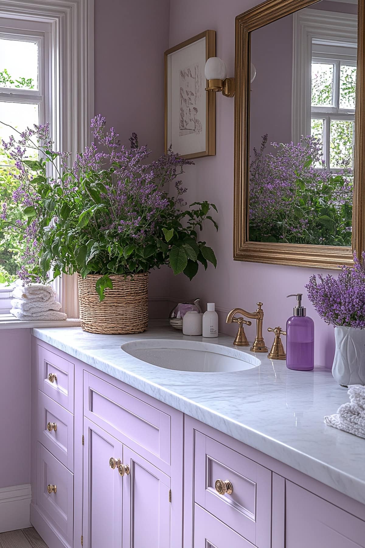 An apartment bathroom featuring pale lavender walls and mirrors with lavender-tinted frames