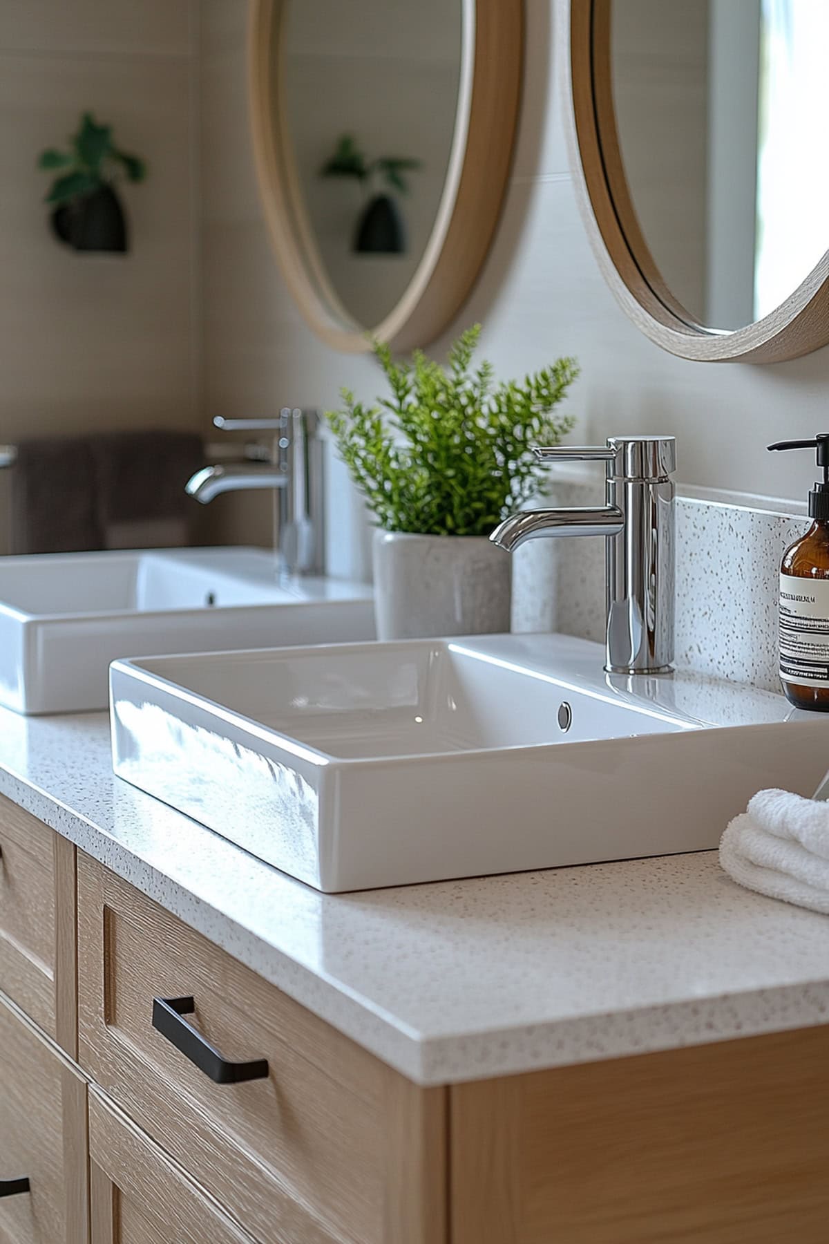 Bathroom with wooden vanity and white countertop