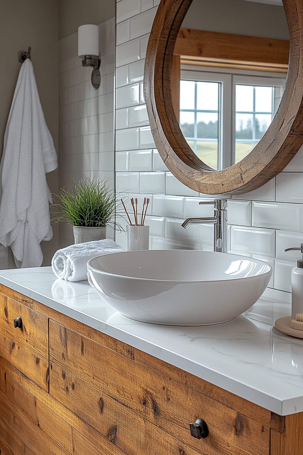 Stylish bathroom featuring wood accents and round mirrors