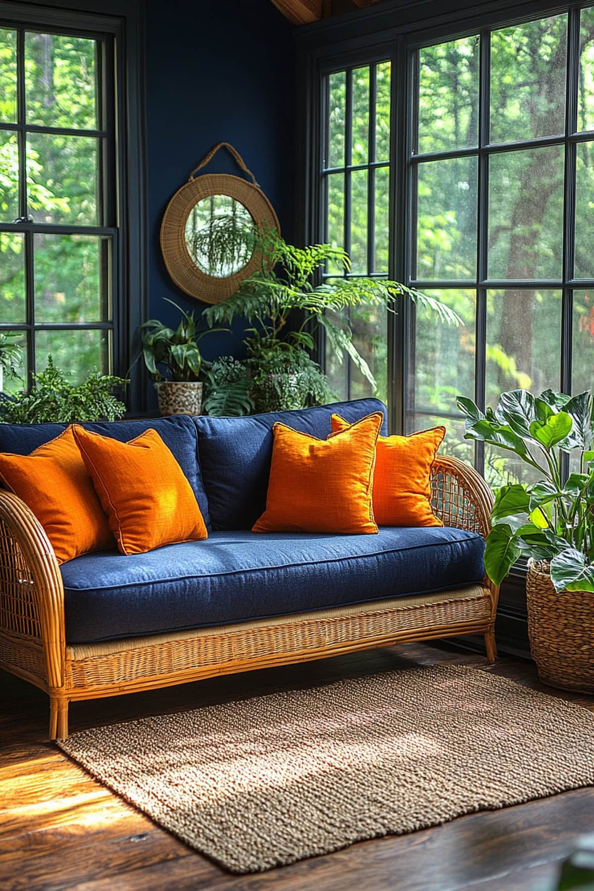 Relaxing Dark Blue Sunroom with Bright Orange Accents 01