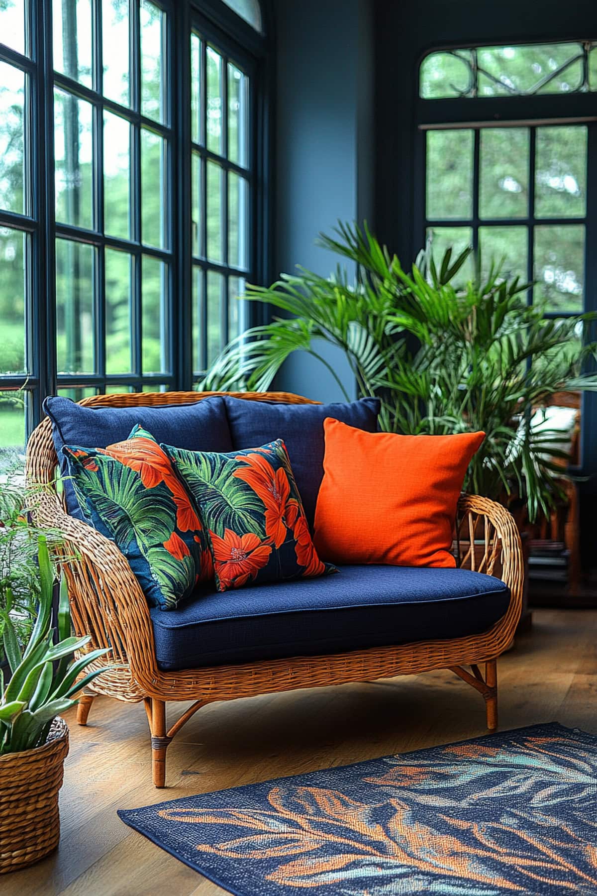 Relaxing Dark Blue Sunroom with Bright Orange Accents 02