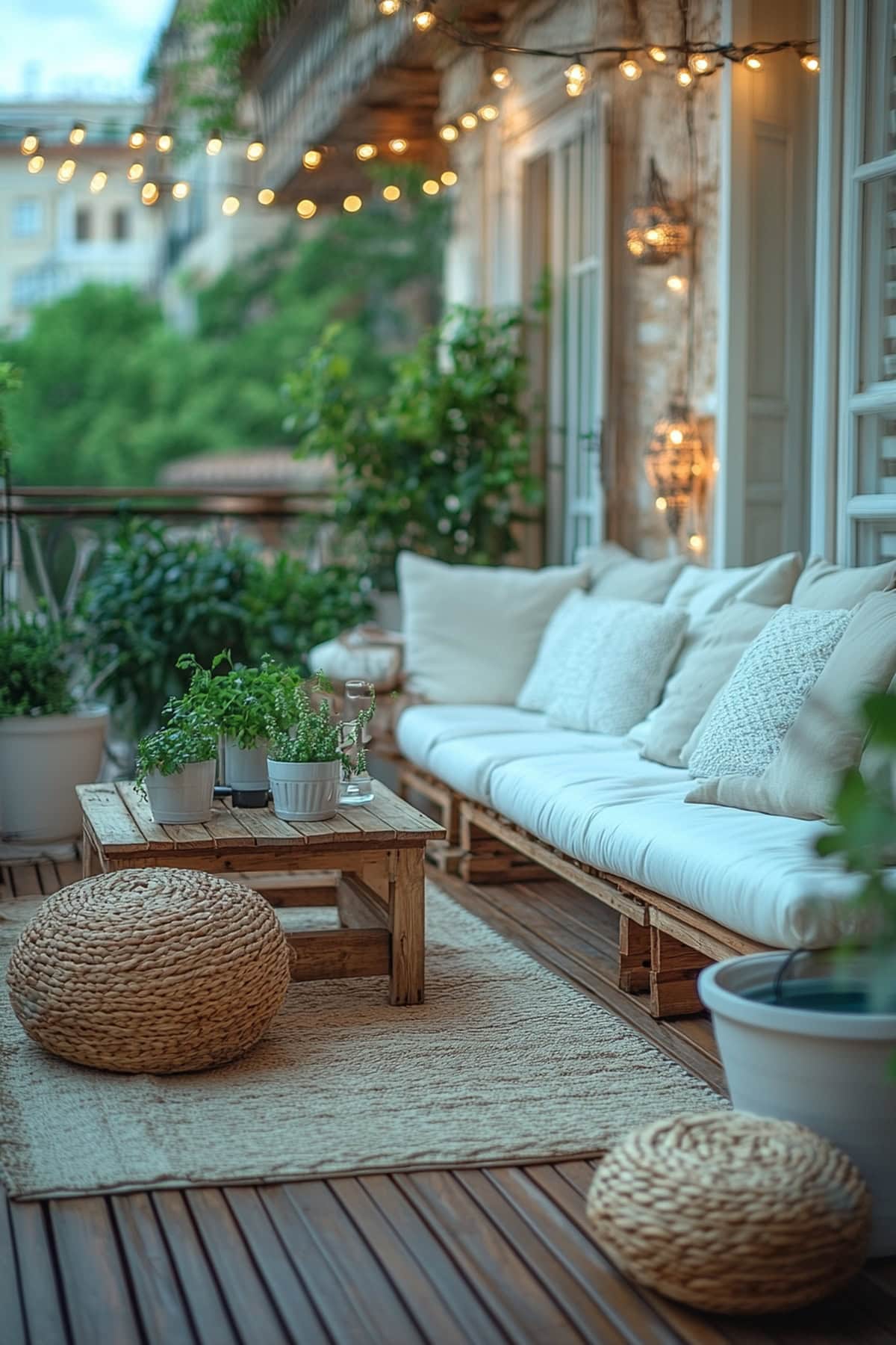 Cozy balcony with wooden bench and white cushions