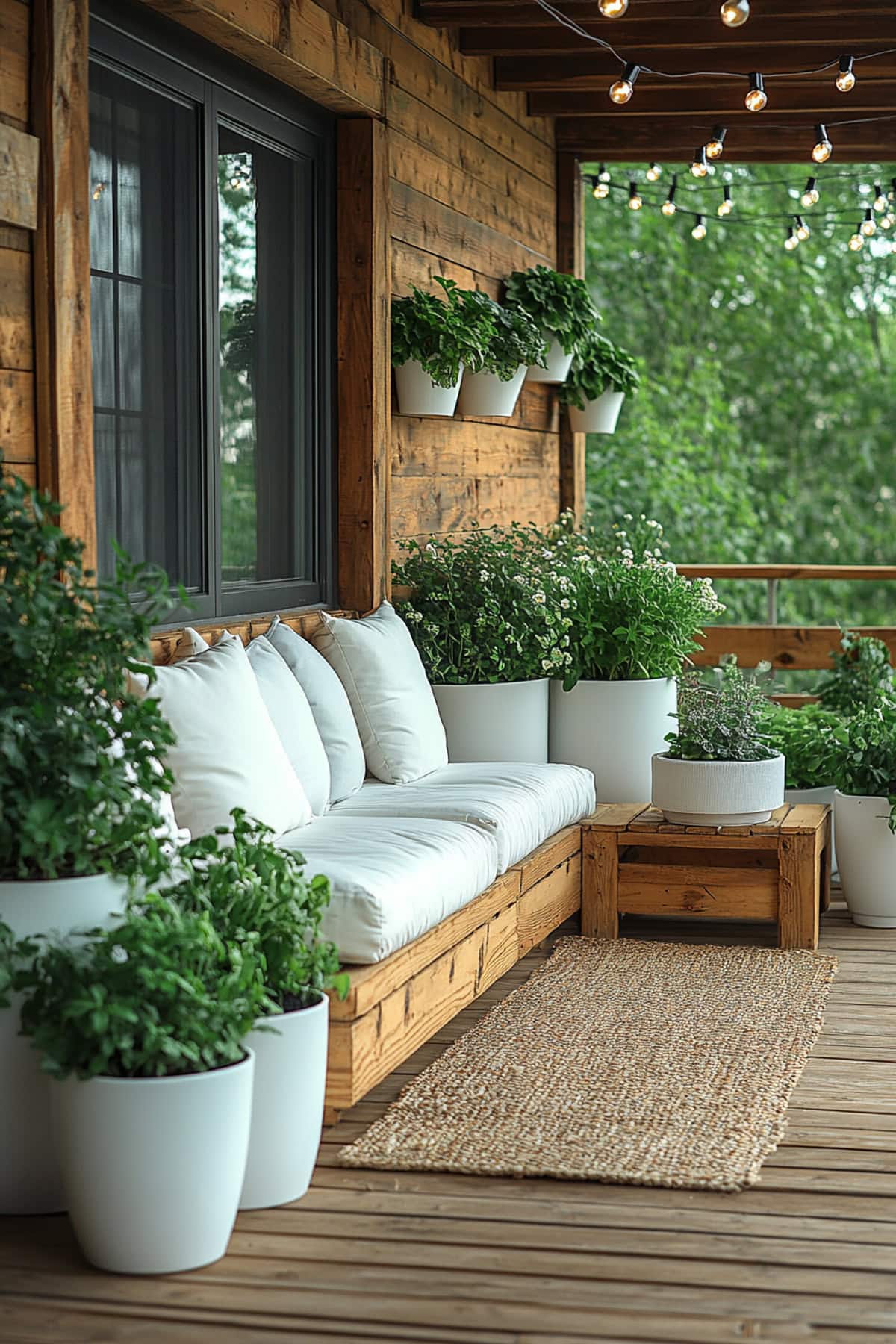 Outdoor space featuring white planters and wood accents