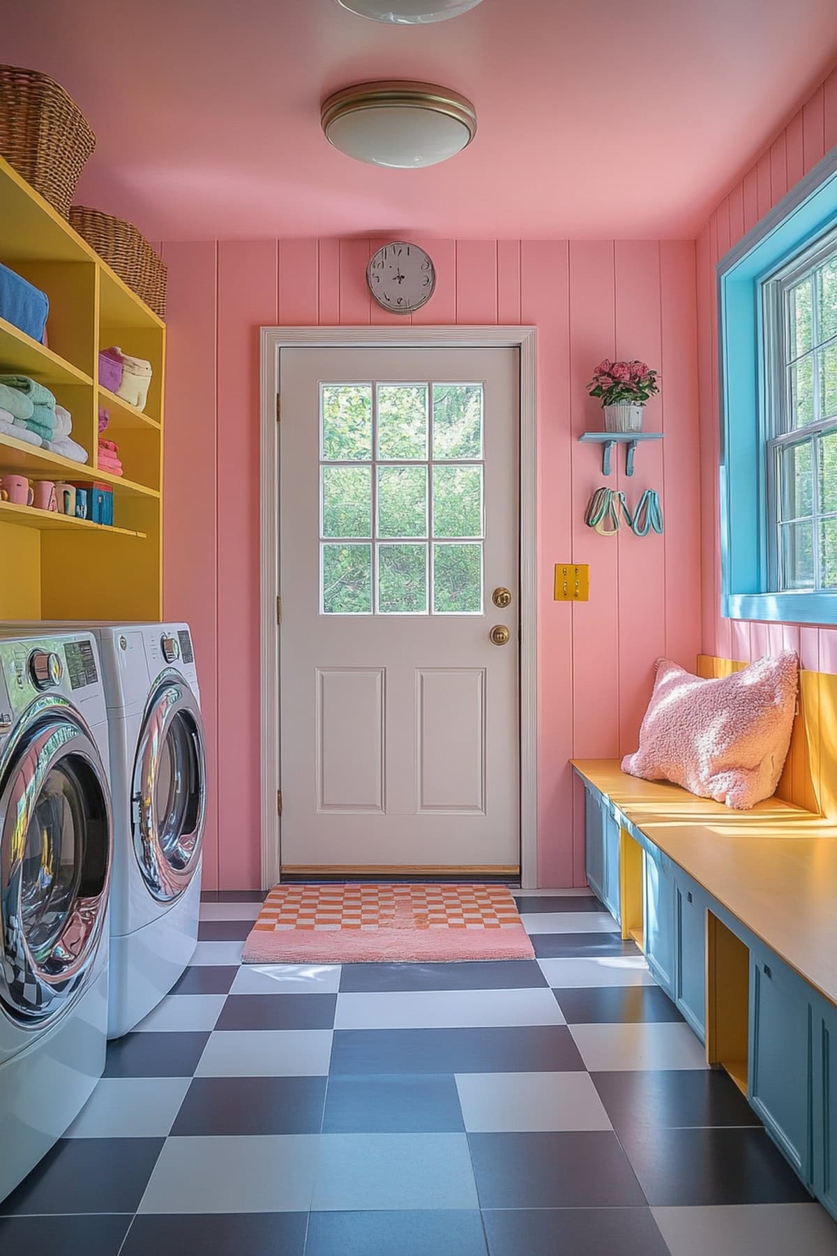 Retro mudroom with pastel colors and vintage appliances.