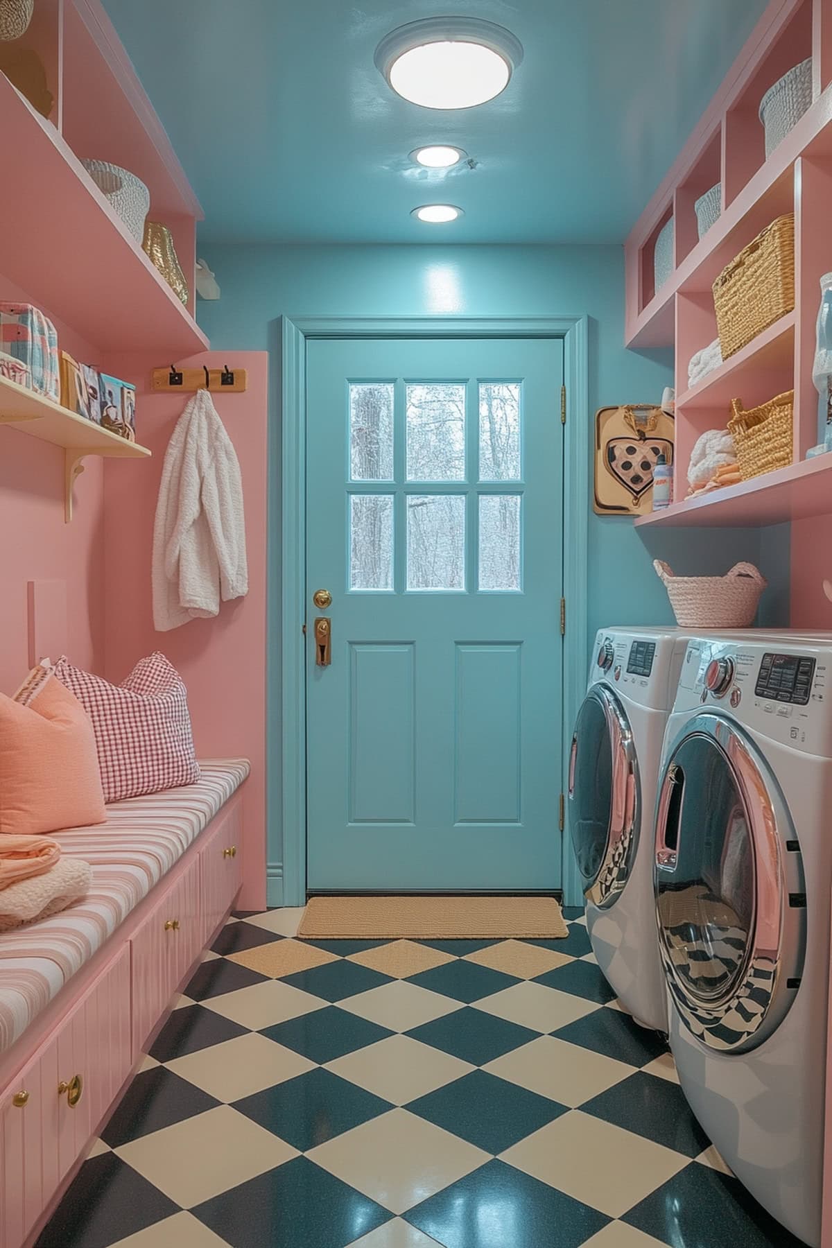 1950s-inspired mudroom laundry room featuring checkerboard floors and chrome accents.