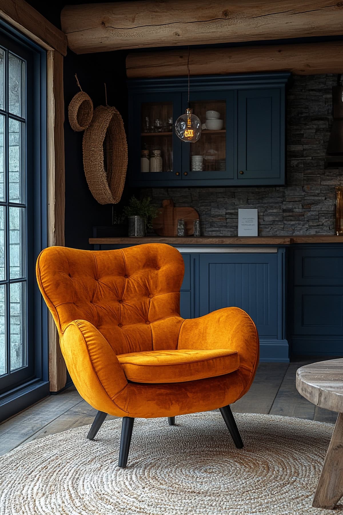 Rustic Dark Blue Dining Room with Orange Chairs 01