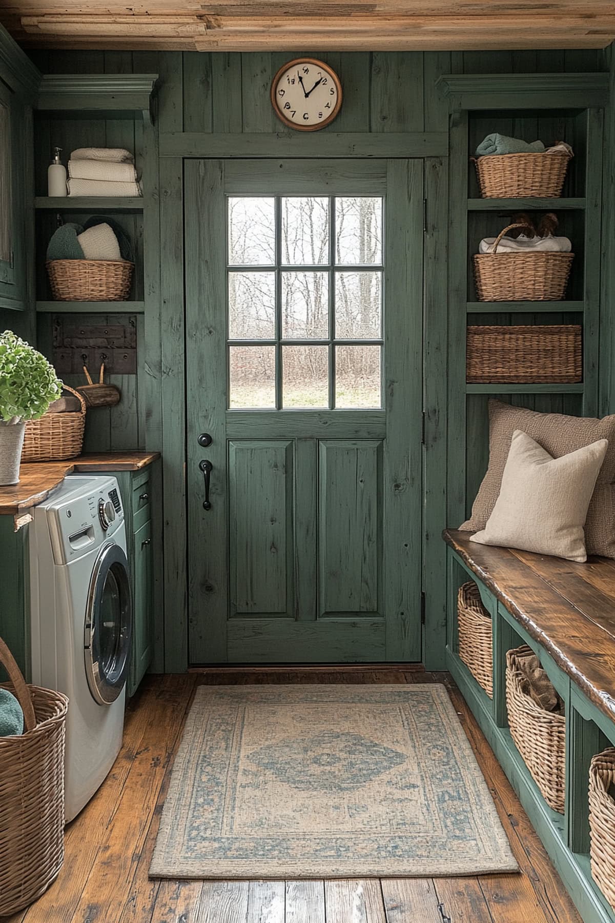 Cozy mudroom laundry room with dark green cabinets and farmhouse decor.