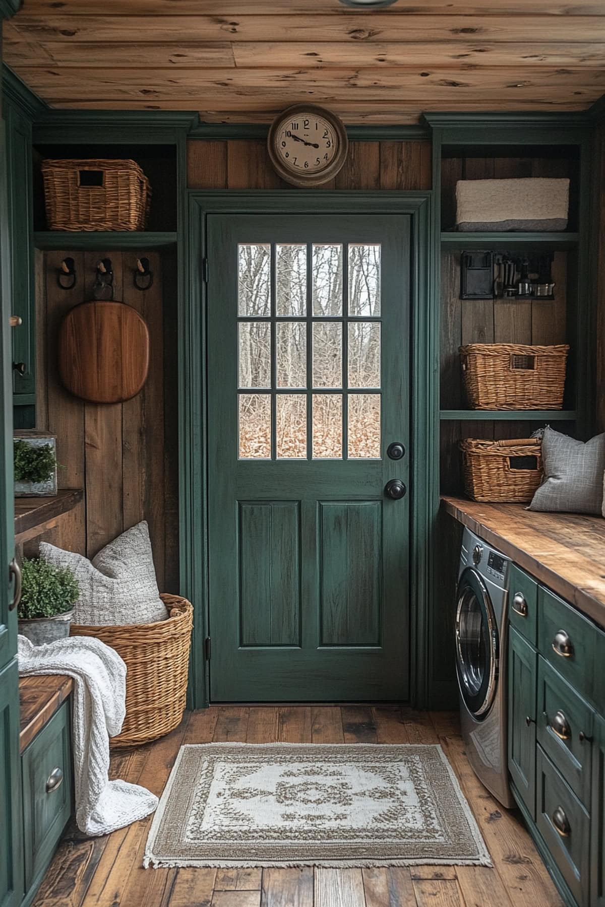 Rustic mudroom featuring wicker baskets and personalized shelving.