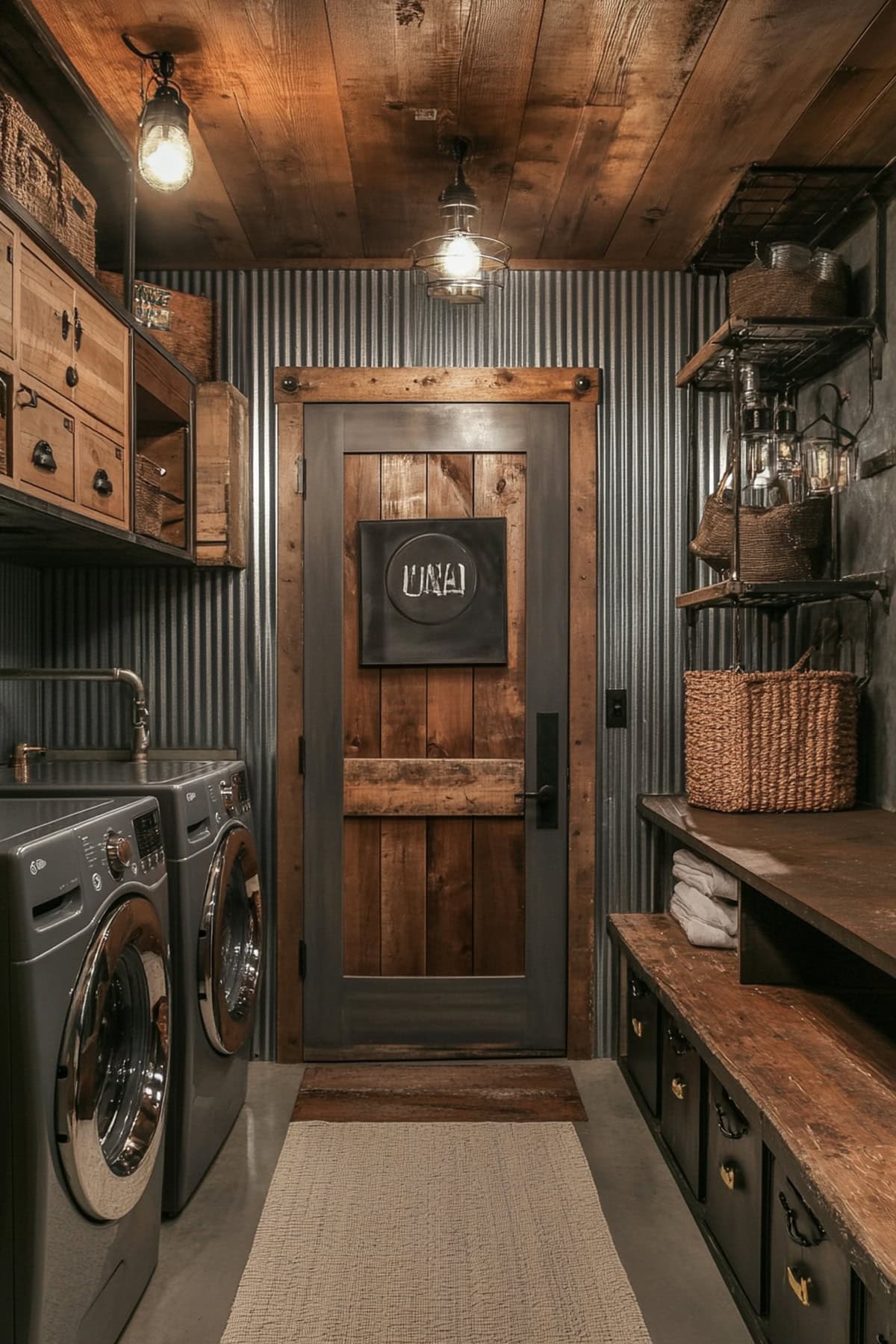 Rustic industrial mudroom with metal walls and reclaimed wood.