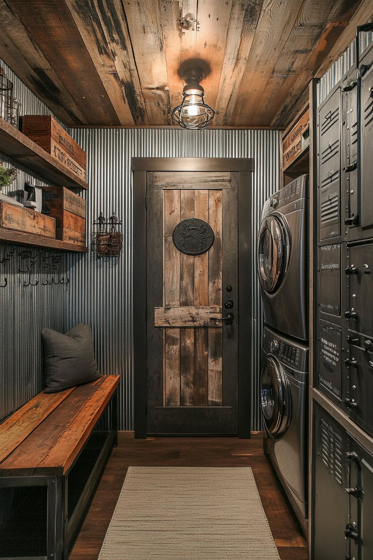 Character-filled mudroom laundry room featuring exposed pipes and metal accents.