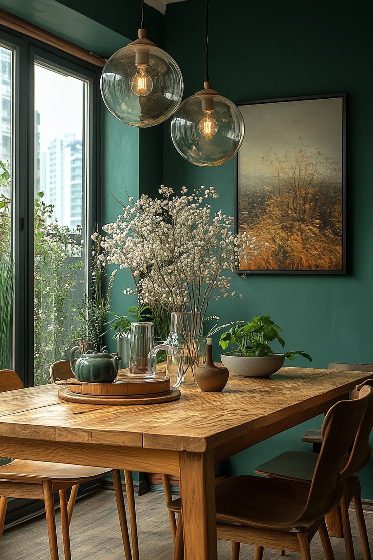 Scandinavian Forest Green Apartment Dining Room - 02