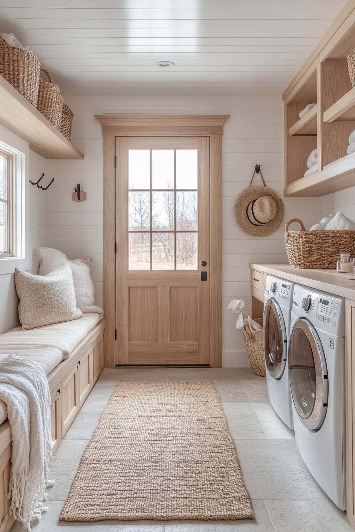 Hygge-inspired mudroom with light wood and cozy accents.