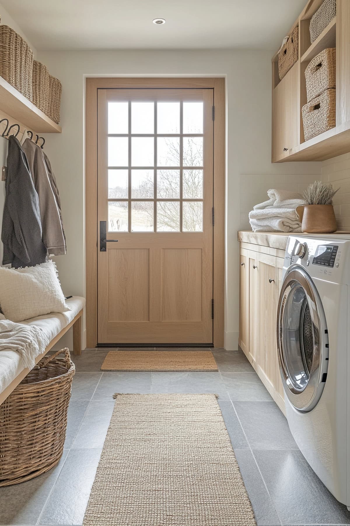 Comfortable mudroom laundry room featuring neutral tones and soft lighting.