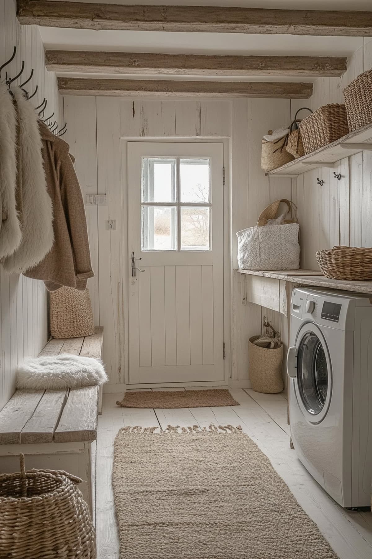 Scandinavian mudroom with rustic elements and natural textures.