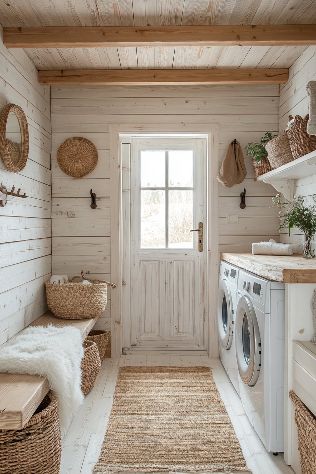 Cozy mudroom laundry room featuring light wood and minimalistic design.