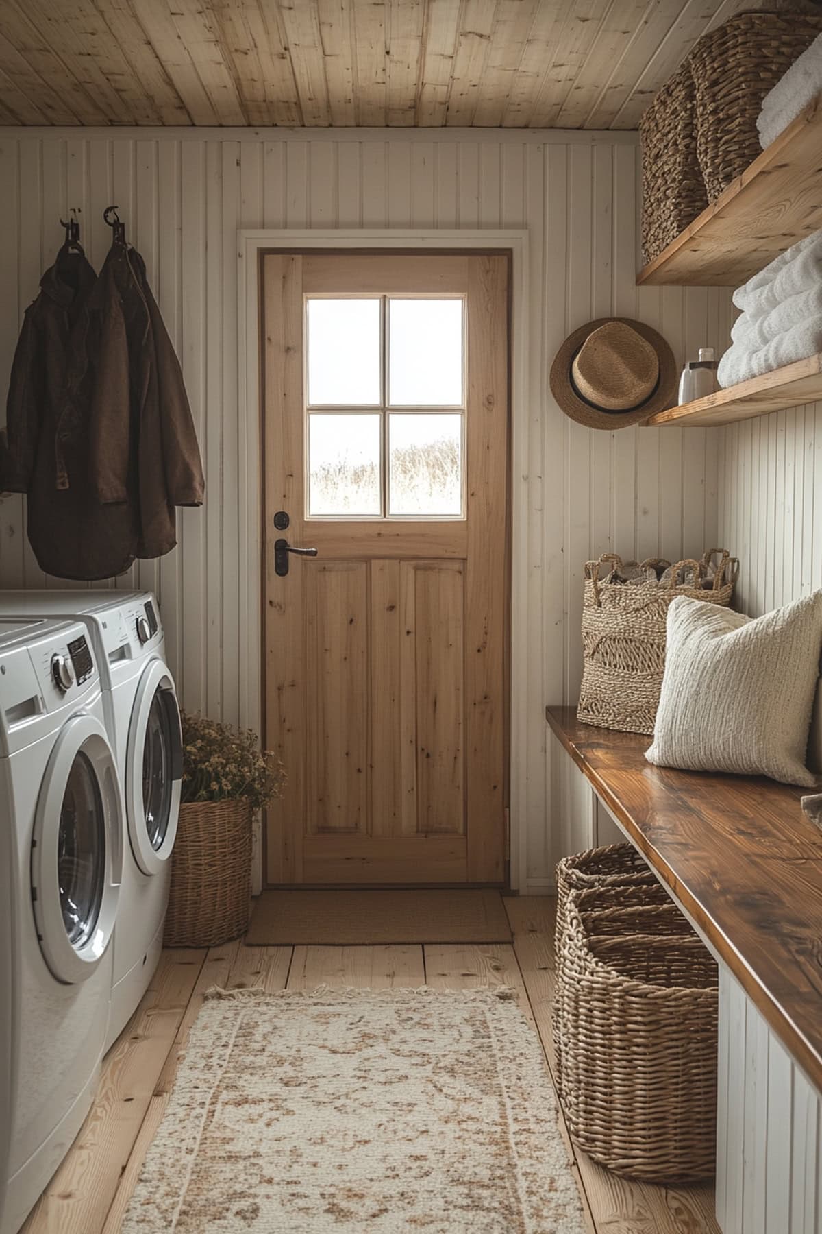 A serene Scandinavian mudroom laundry room featuring natural wood accents and shiplap walls.