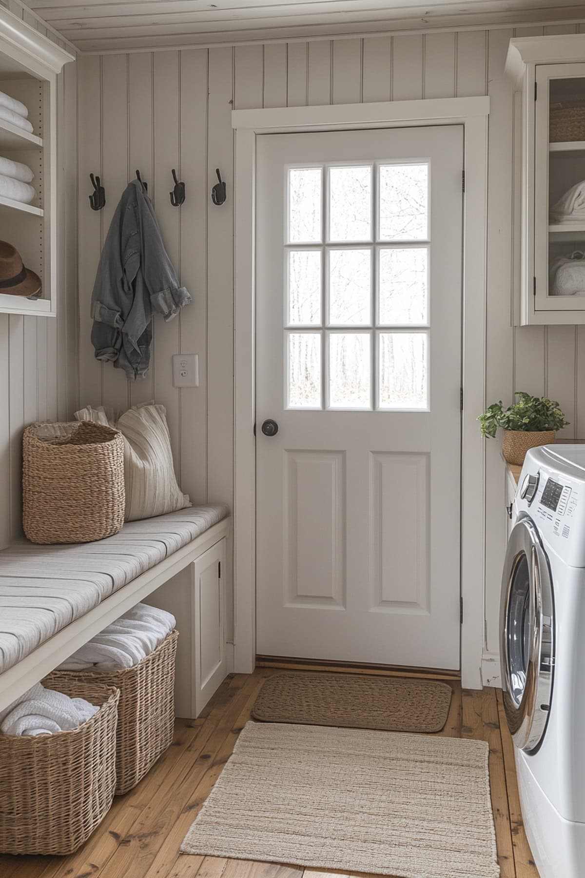 Minimalist mudroom with built-in cubbies and woven baskets under an open bench.