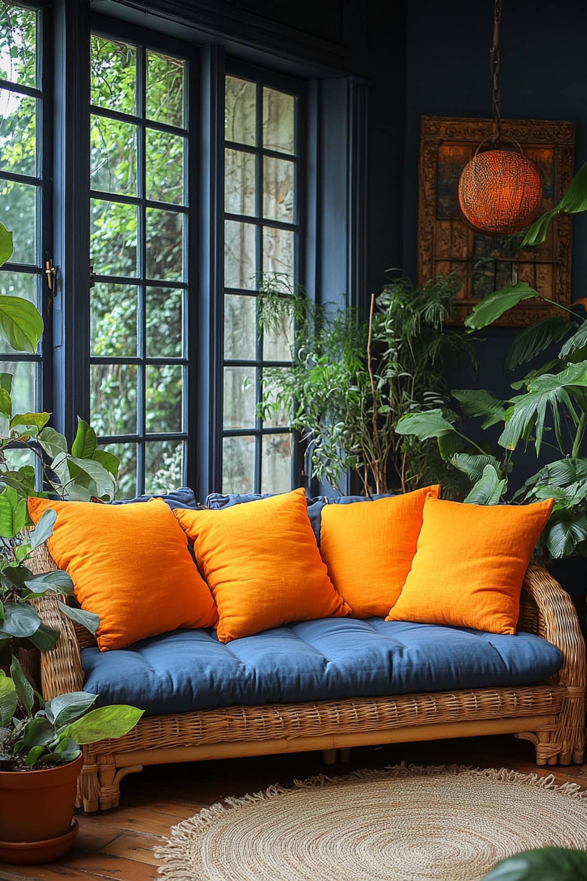 Serene Dark Blue Sunroom with Hints of Orange and Greenery 01