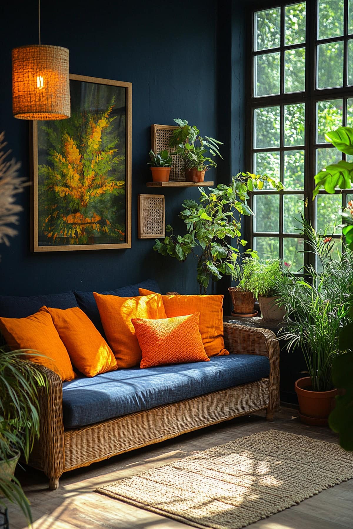 Serene Dark Blue Sunroom with Hints of Orange and Greenery 02