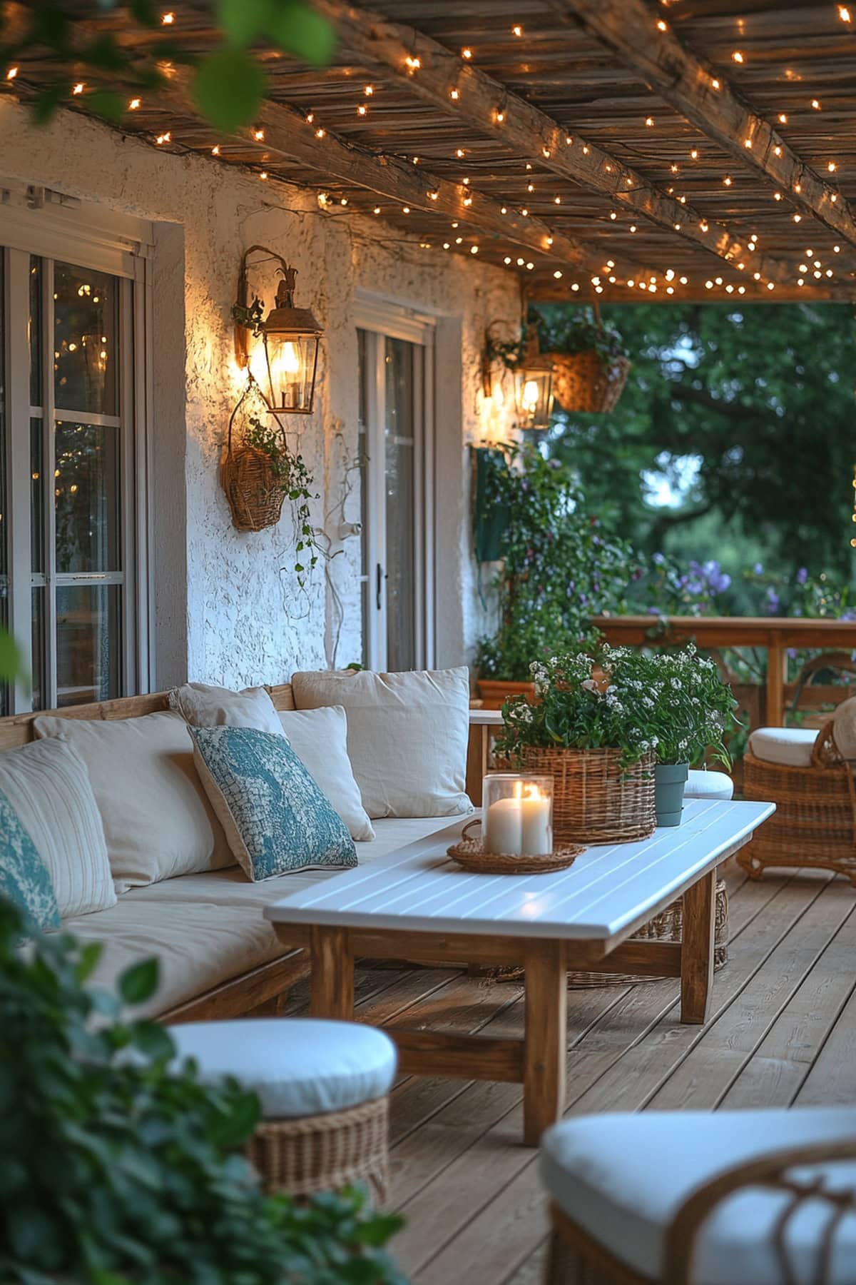 Patio dining area with wooden table and white chairs