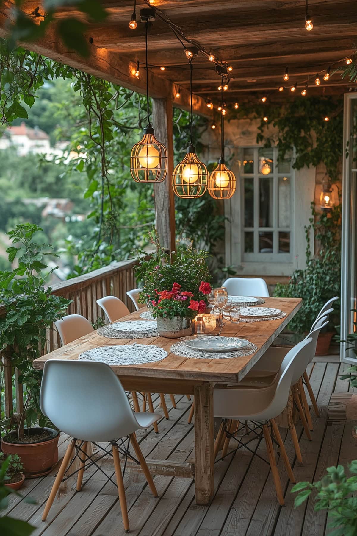 Outdoor dining featuring string lights and wood accents