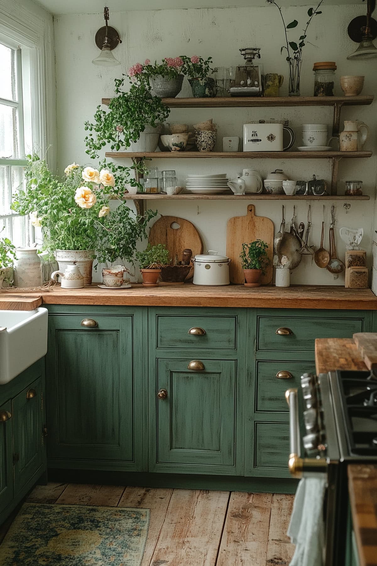 Shabby Chic Forest Green Apartment Kitchen - 01