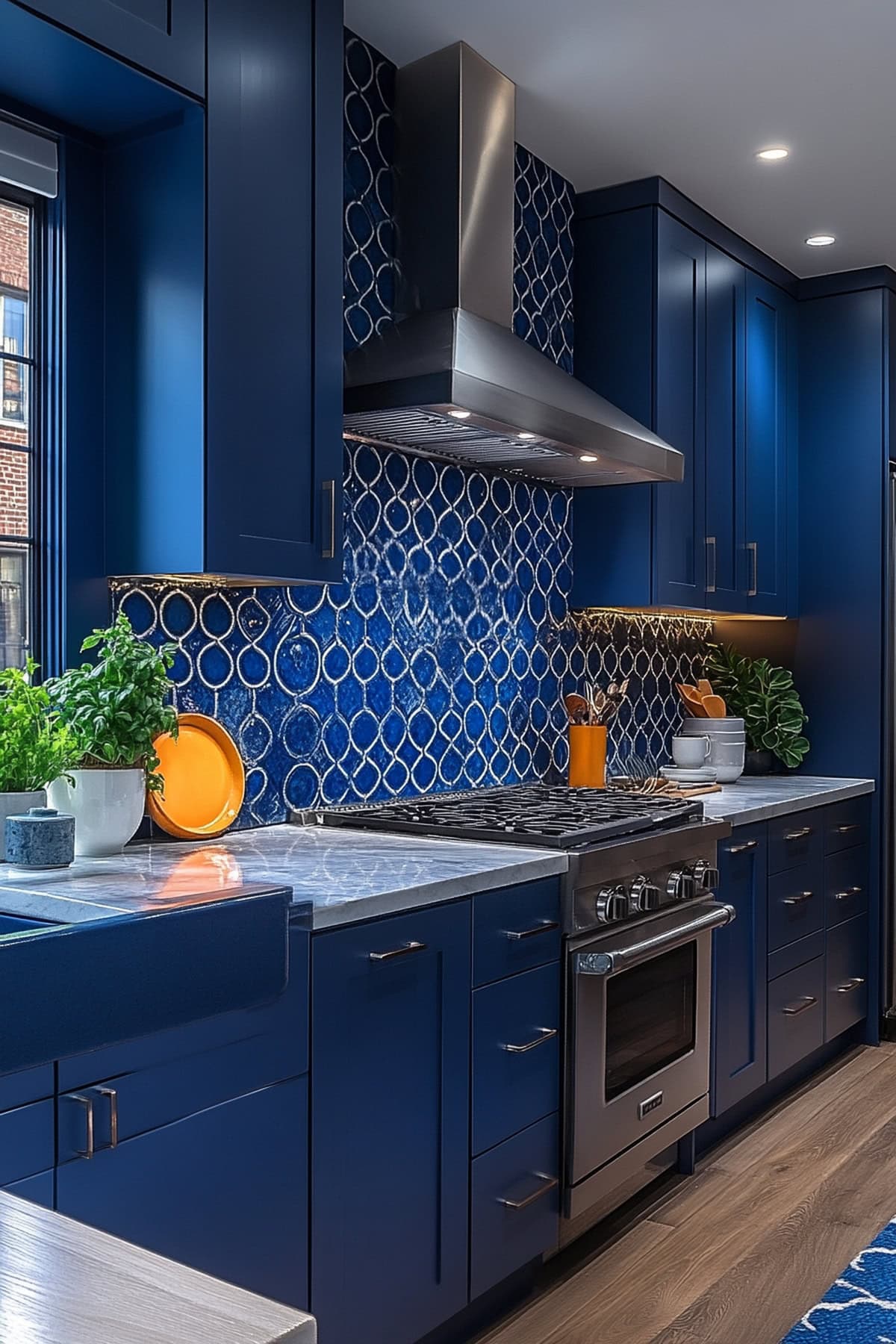 Sleek Dark Blue Kitchen with Bright Orange Backsplash 01