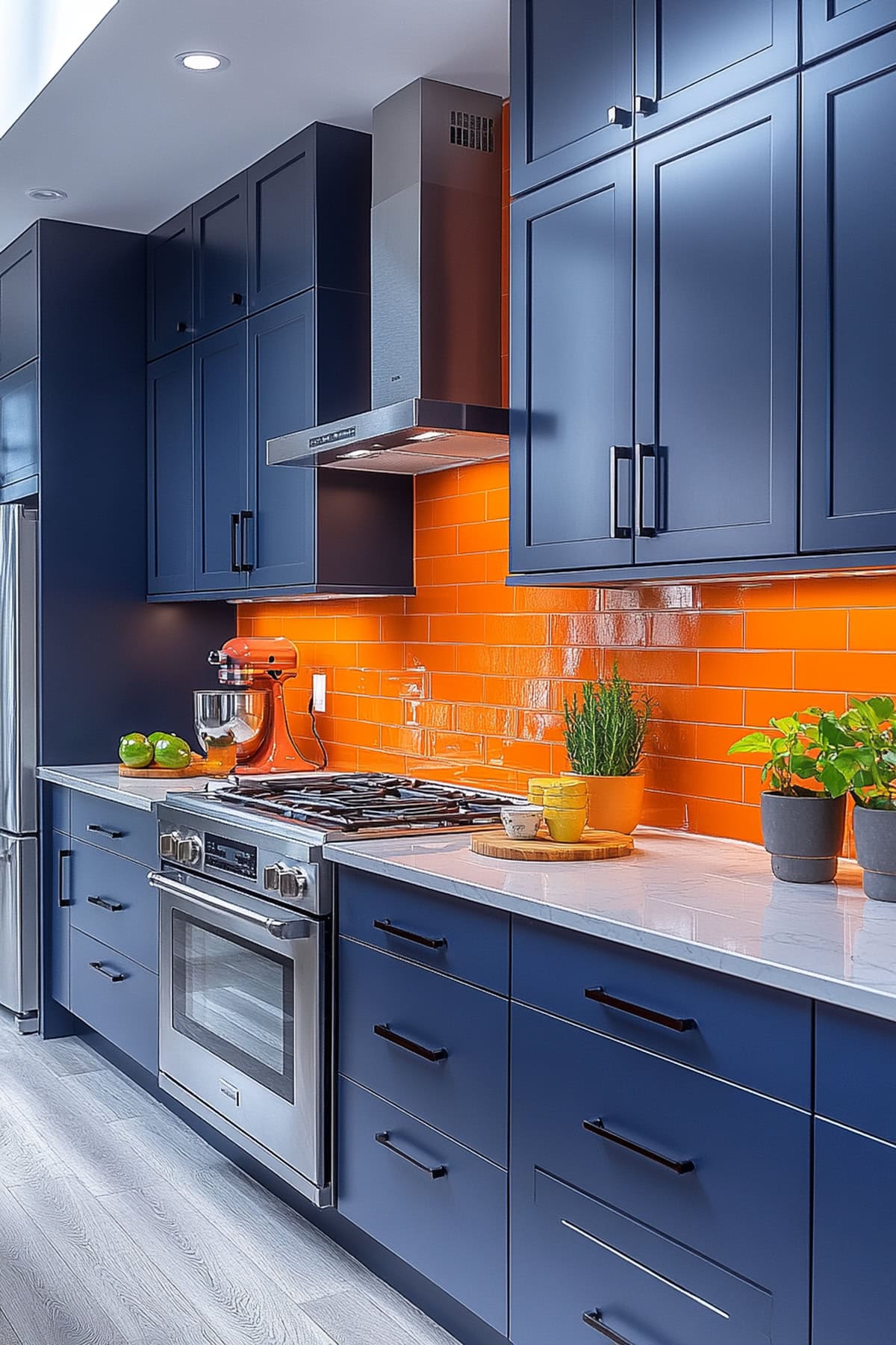 Sleek Dark Blue Kitchen with Bright Orange Backsplash 02