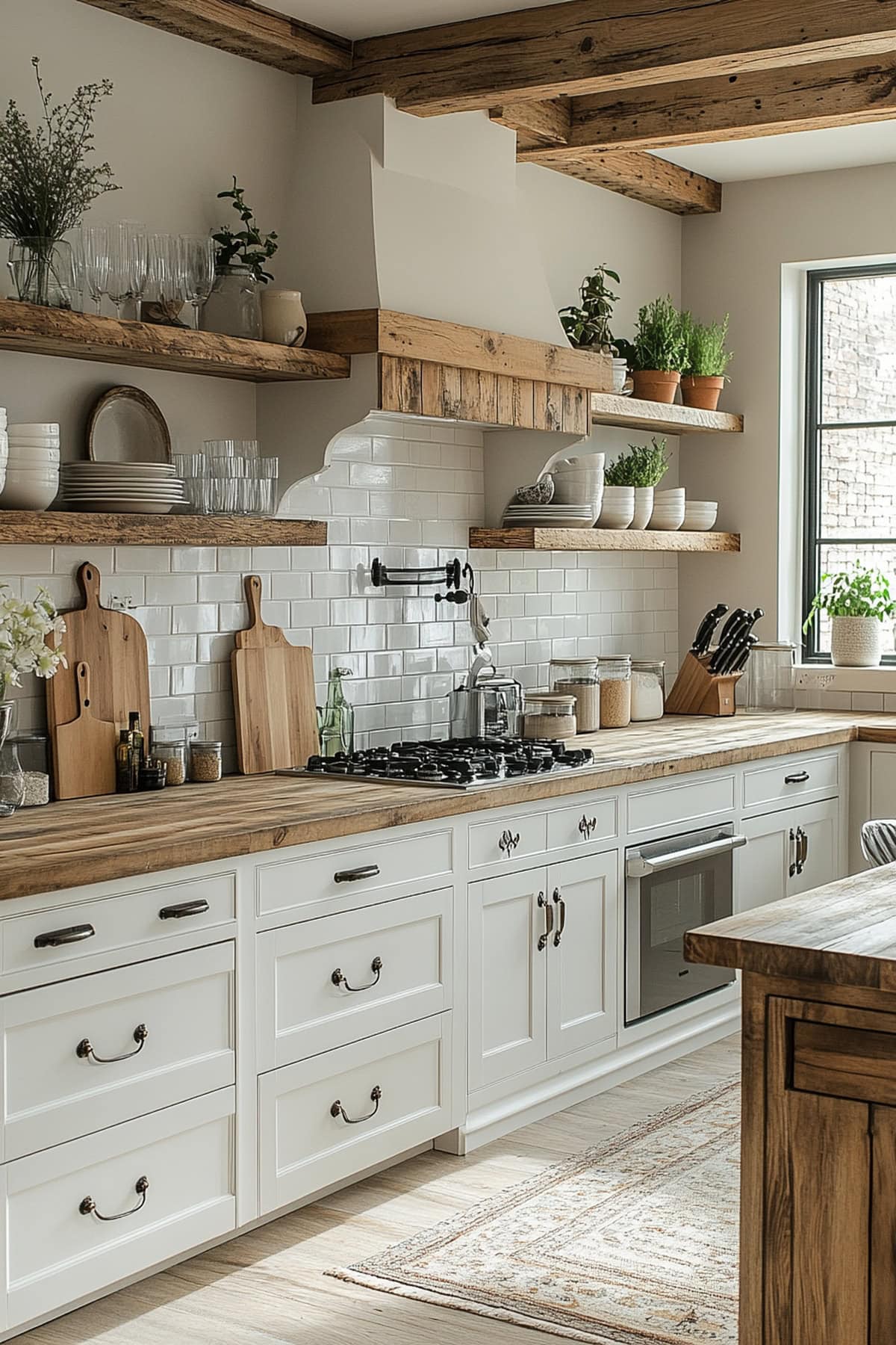 Kitchen with wooden open shelves and white backsplash