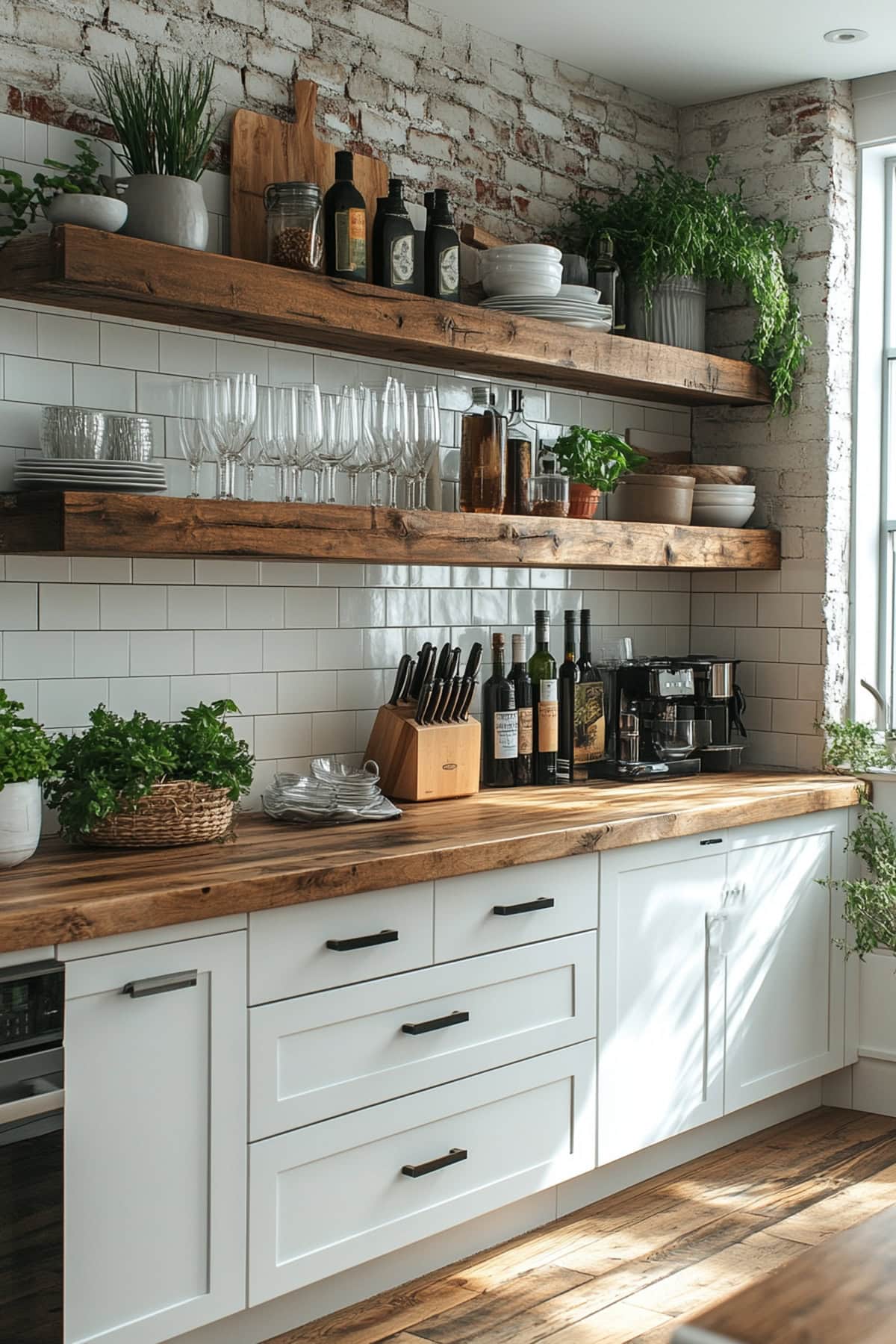 Sleek kitchen featuring white and wood decor with open storage