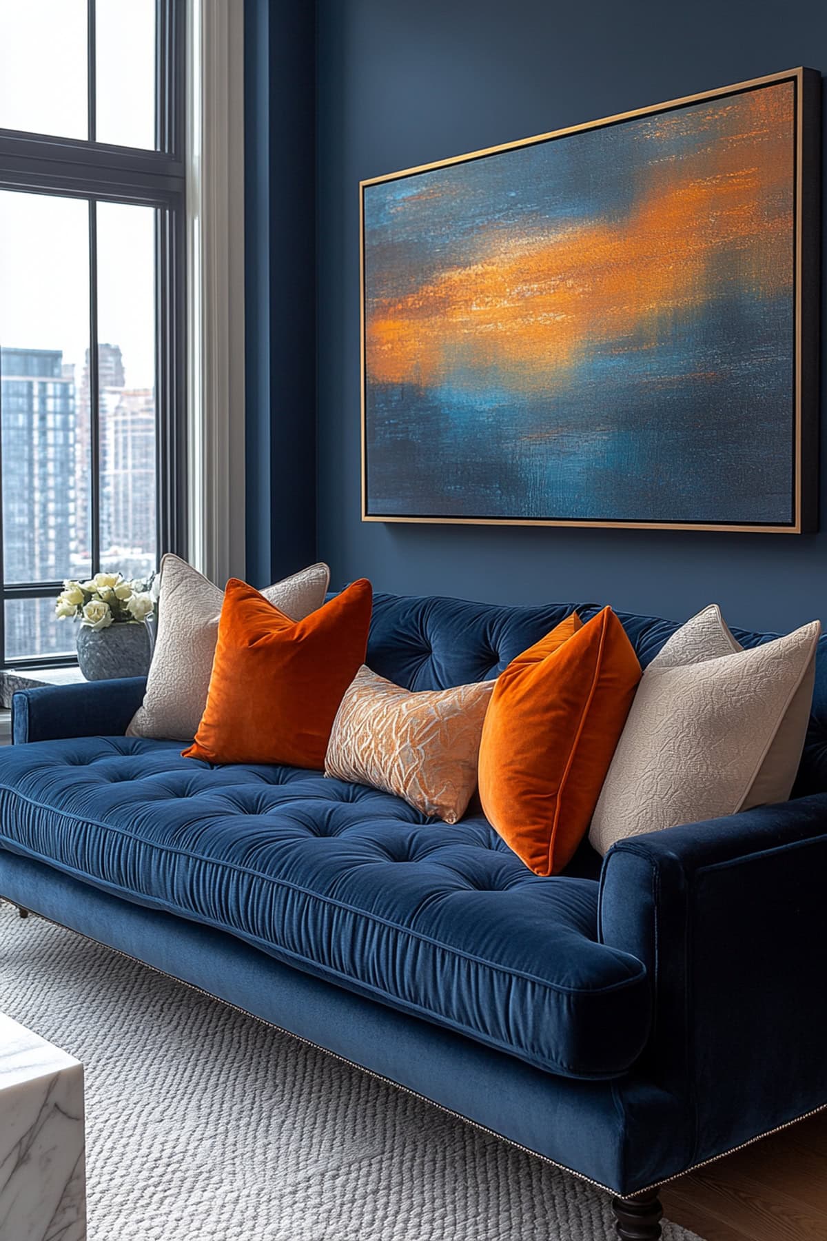 Sophisticated Dark Blue Apartment Living Room with Bold Orange Touches 01