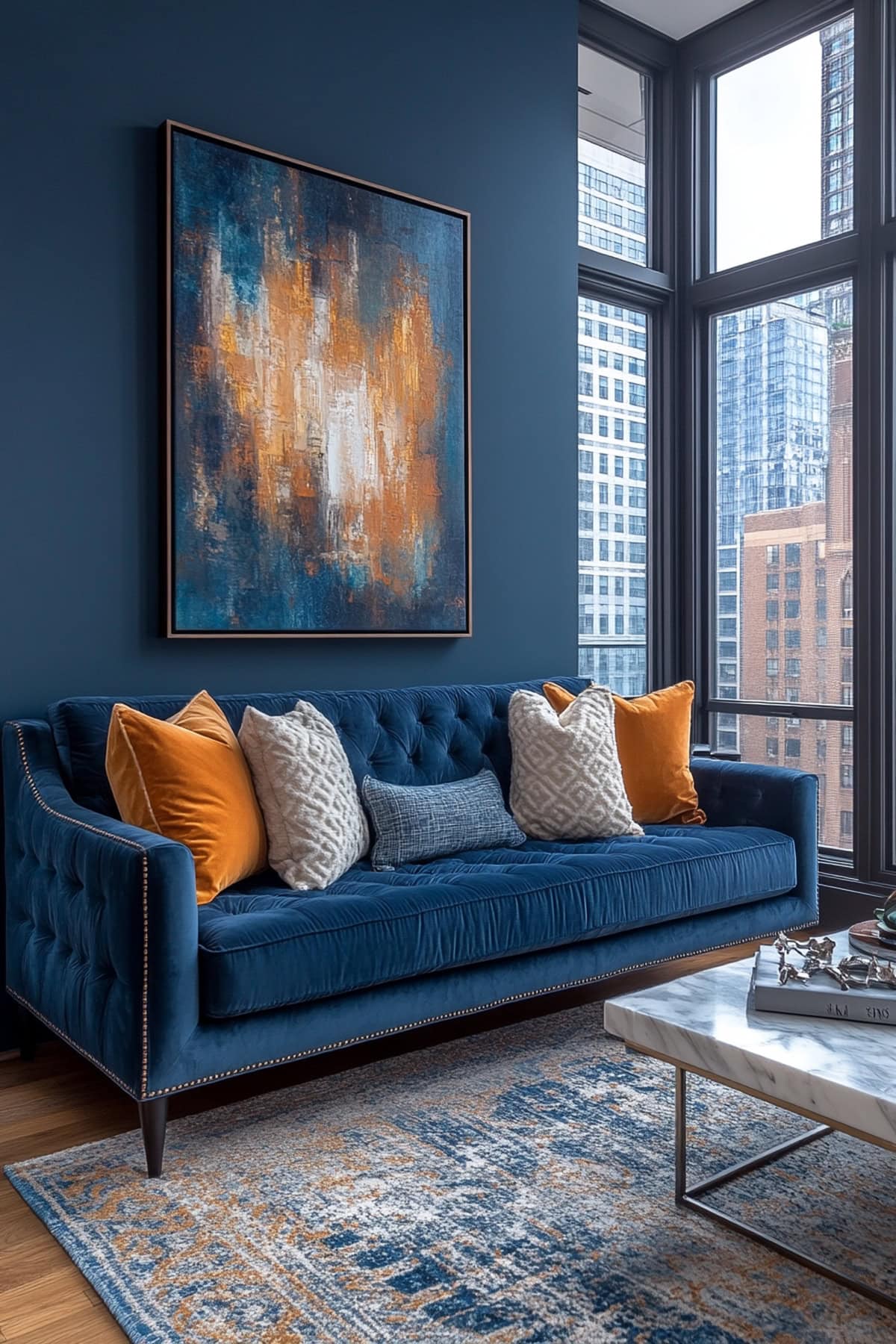 Sophisticated Dark Blue Apartment Living Room with Bold Orange Touches 02