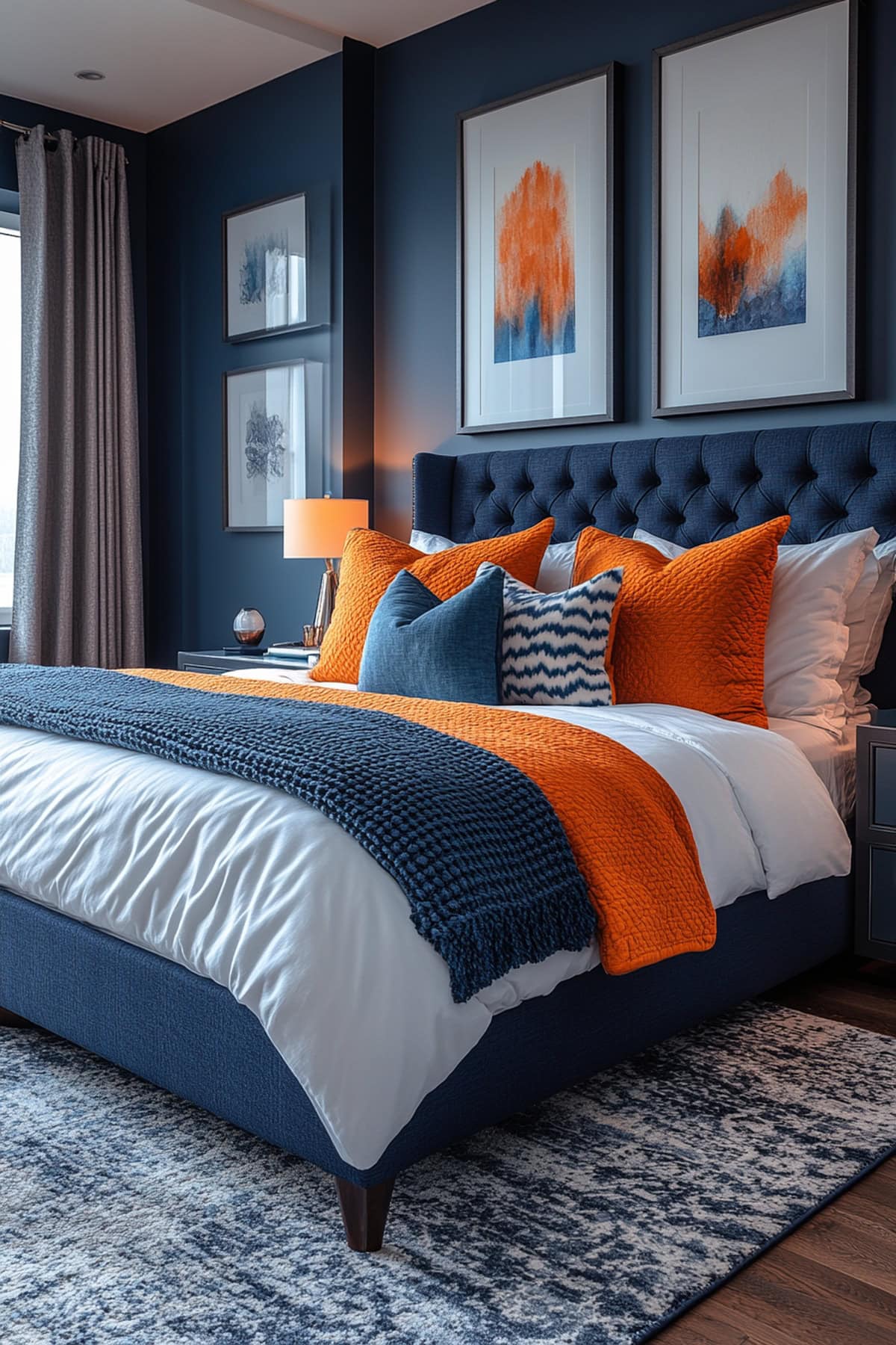 Sophisticated Dark Blue Master Bedroom with Elegant Orange Hints 01