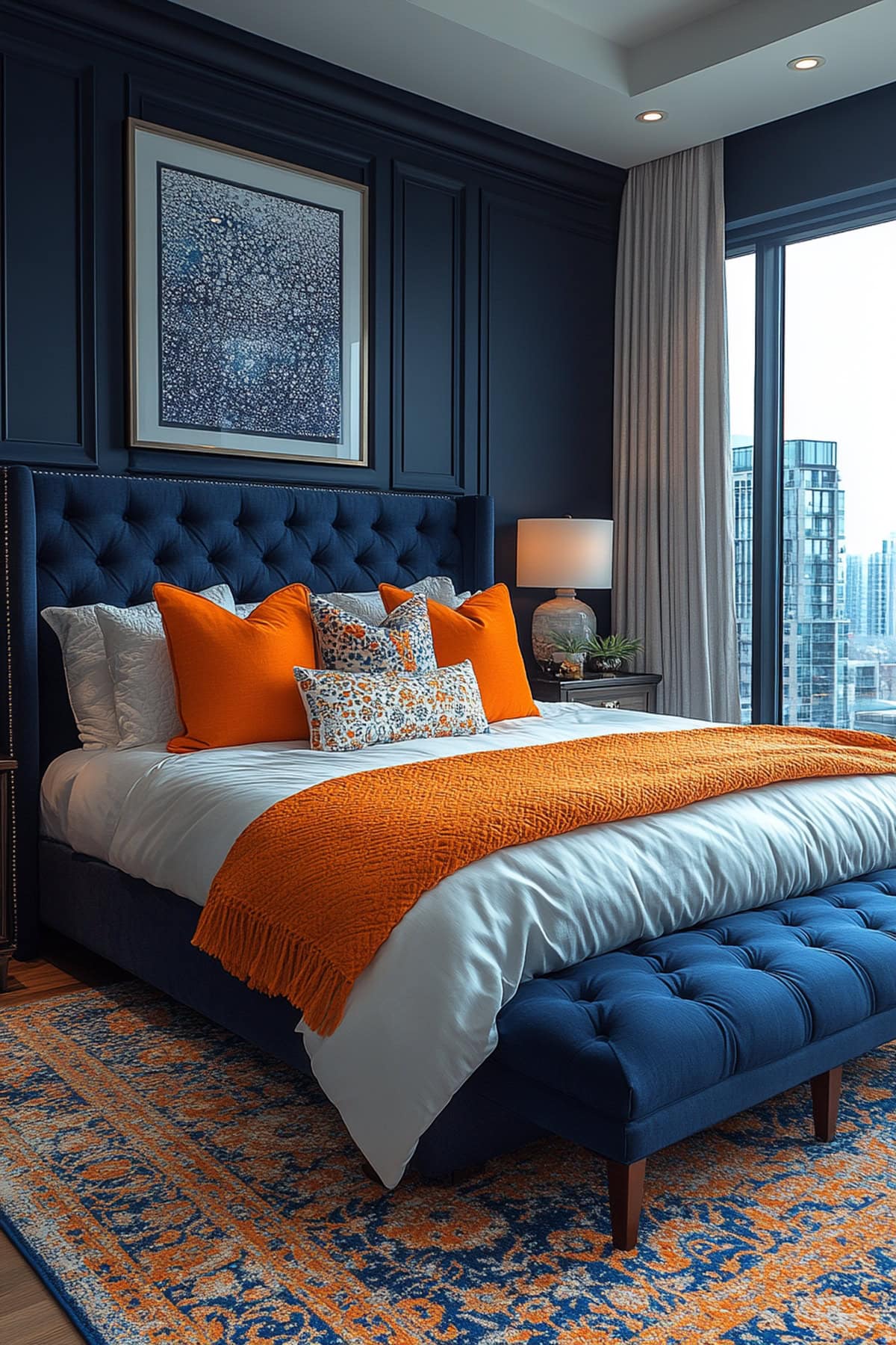 Sophisticated Dark Blue Master Bedroom with Elegant Orange Hints 02