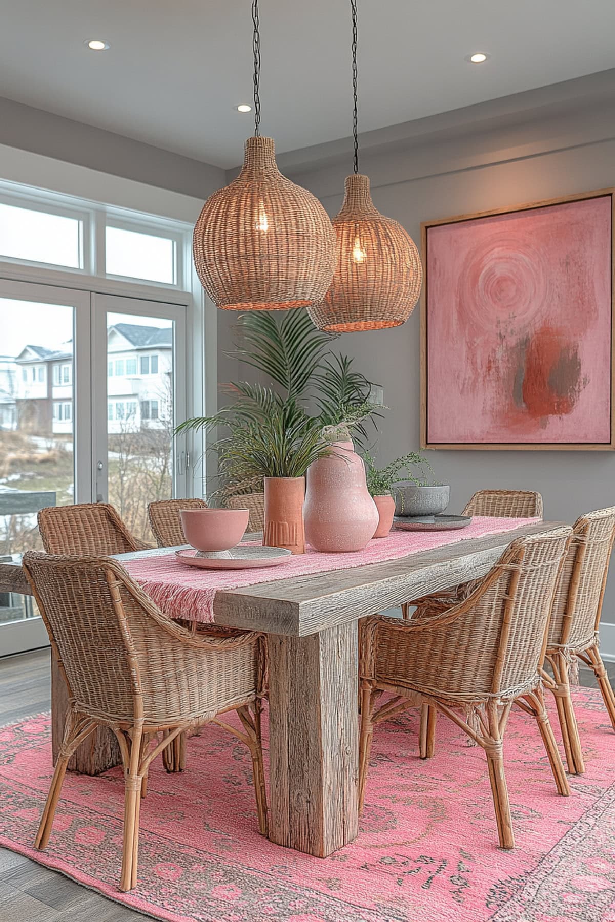 Southwestern Pink and Grey Dining Room - 01