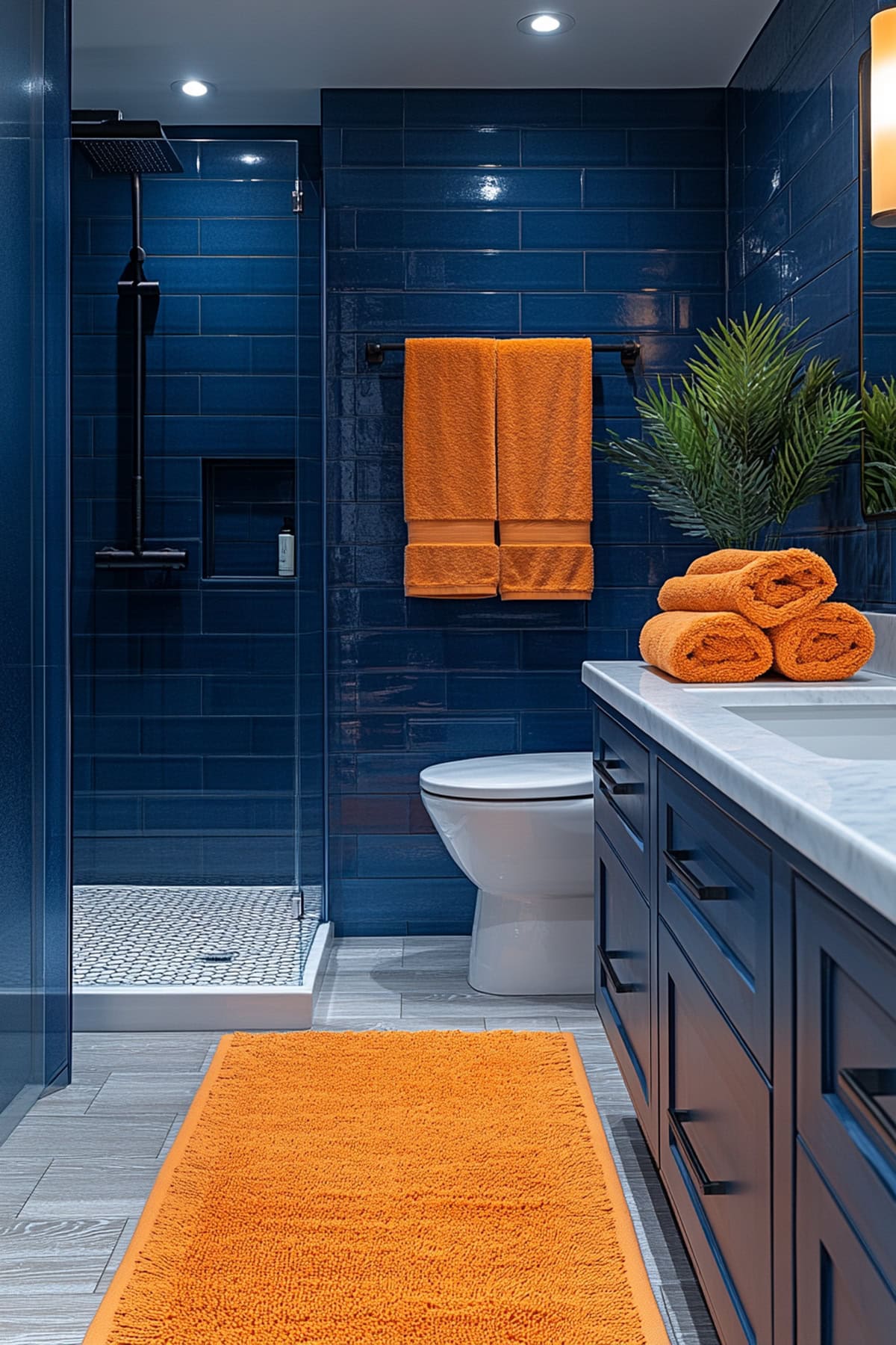 Spa-Like Dark Blue Bathroom with Orange Towels 01