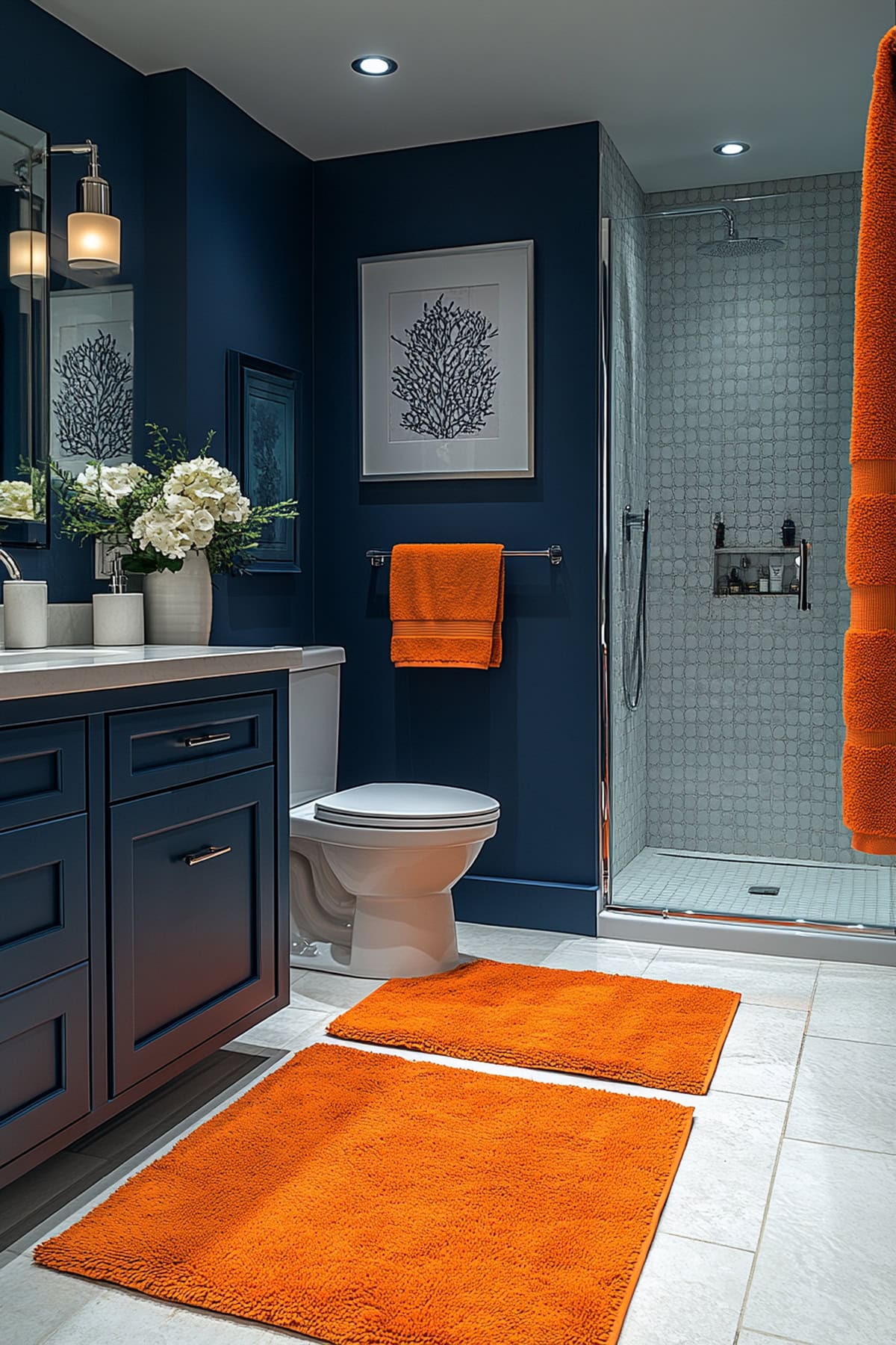 Spa-Like Dark Blue Bathroom with Orange Towels 02