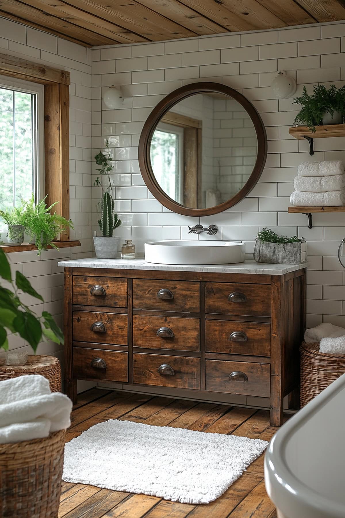 Spa-like bathroom with white tiles and wooden vanity