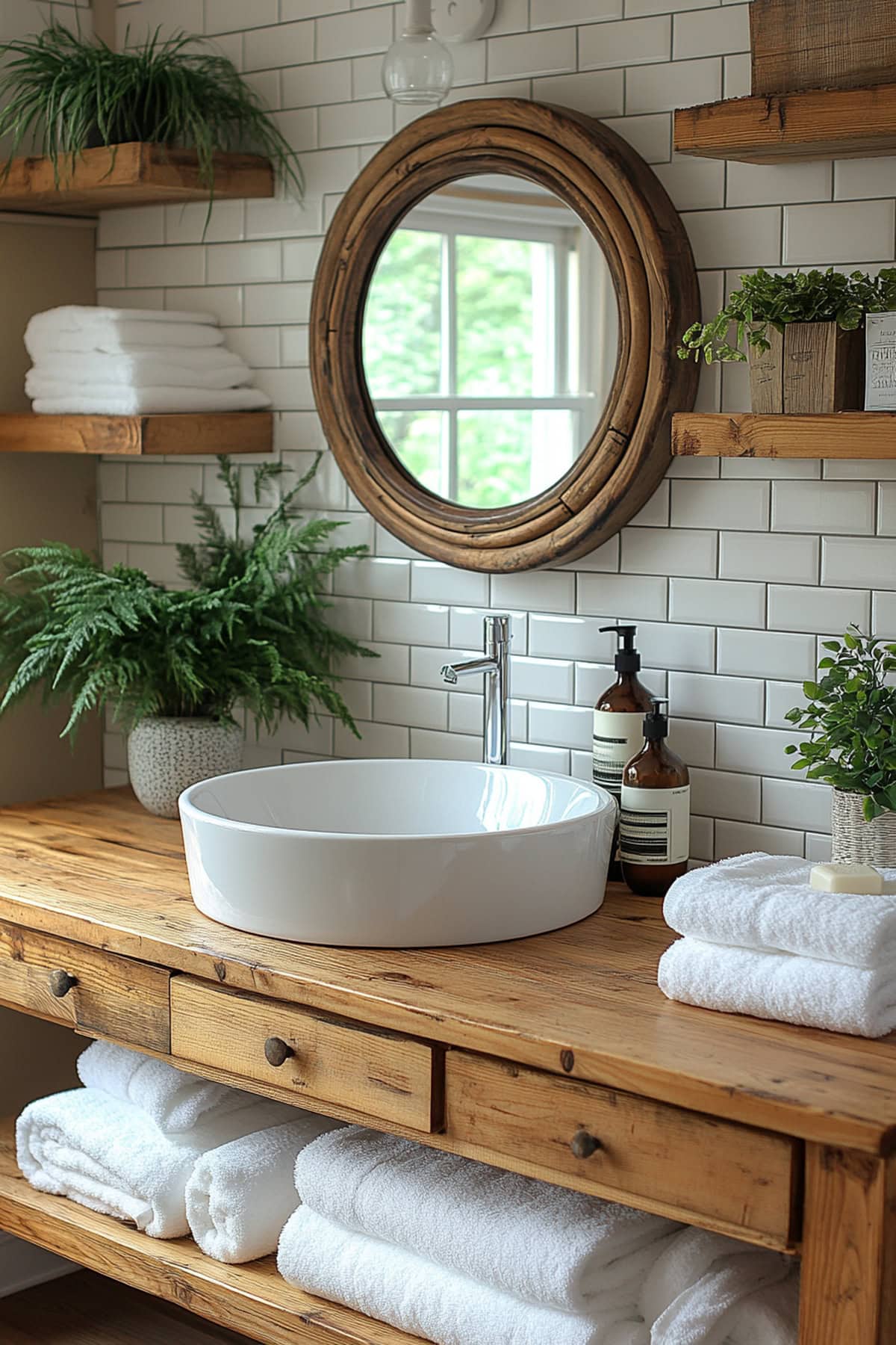 Calming bathroom design featuring white and wood elements