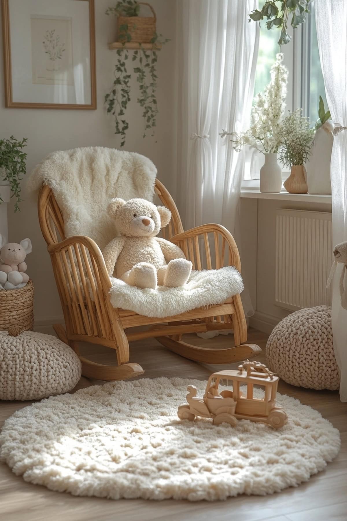 Calming nursery with wooden crib and white decor