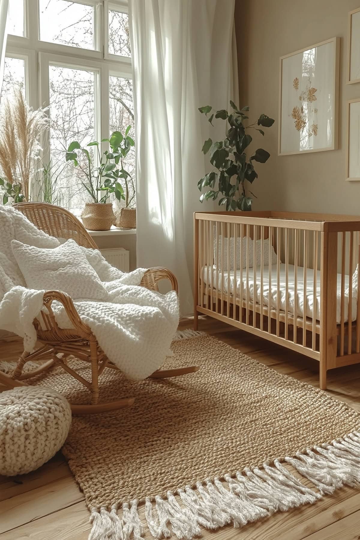 Adorable nursery featuring white walls and wood accents