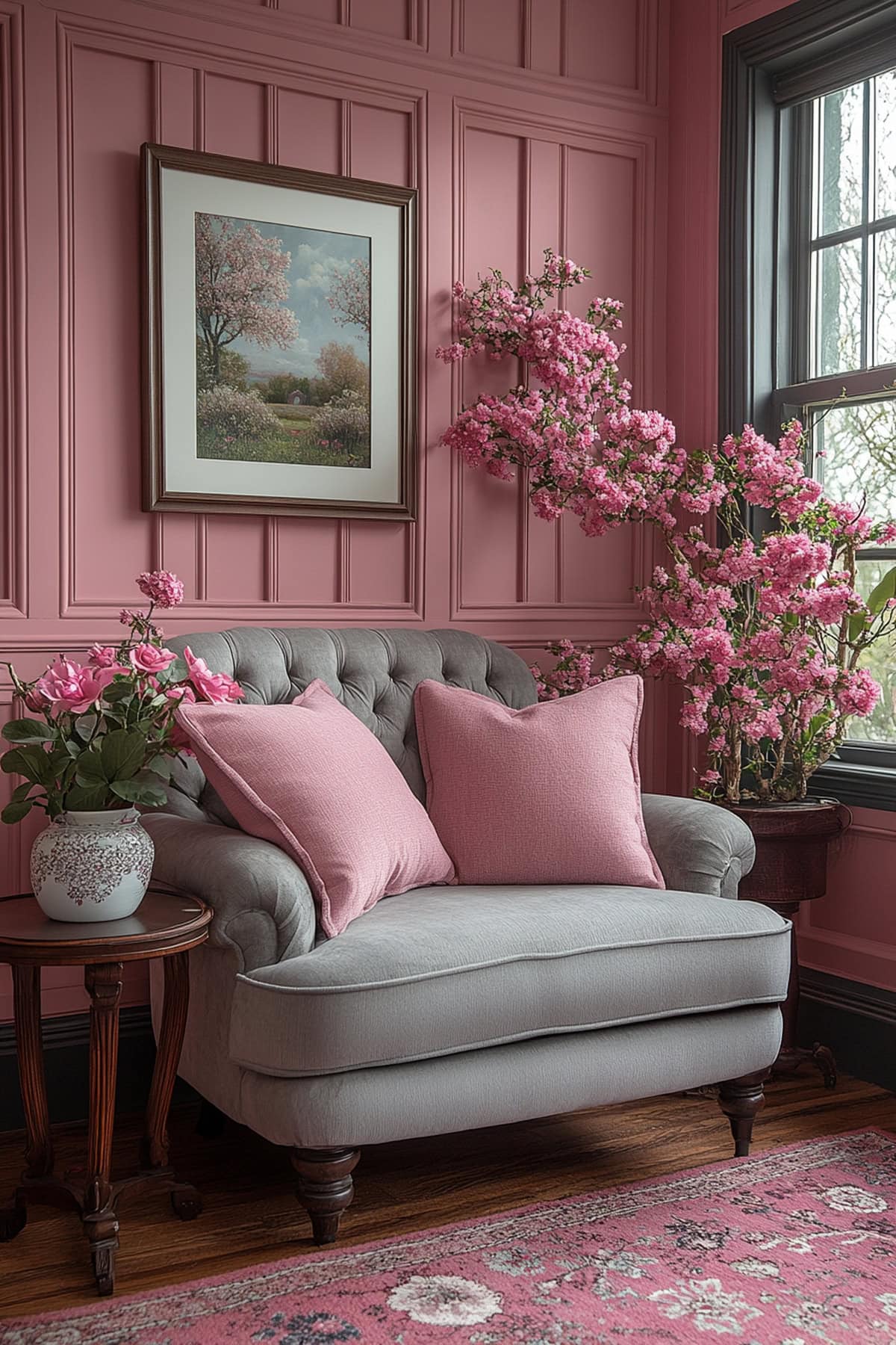 Traditional Pink and Grey Living Room - 01